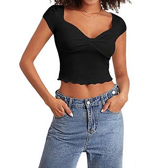 Women's Sweetheart Neck Short Sleeve Twist Front Casual Summer Crop Top