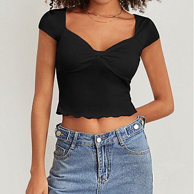 Women's Sweetheart Neck Short Sleeve Twist Front Casual Summer Crop Top