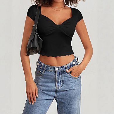 Women's Sweetheart Neck Short Sleeve Twist Front Casual Summer Crop Top