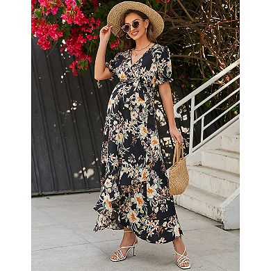 Womens Maternity Dress Short Sleeve V-Neck Ruffle Maxi Dress