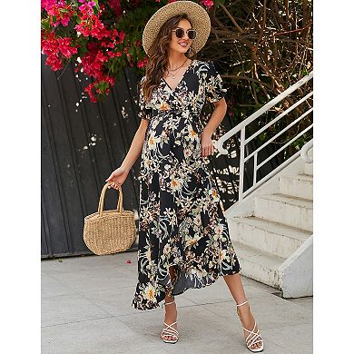 Womens Maternity Dress Short Sleeve V-Neck Ruffle Maxi Dress
