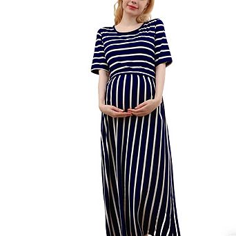 Women's Casual Maternity Nursing Dress Striped Crew Neck Short Sleeve Maxi Dress