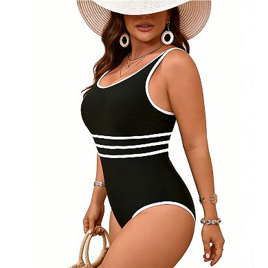 Women's Plus Size One Piece Swimsuit Contrast Striped Trim Adjustable Straps Bathing Suit