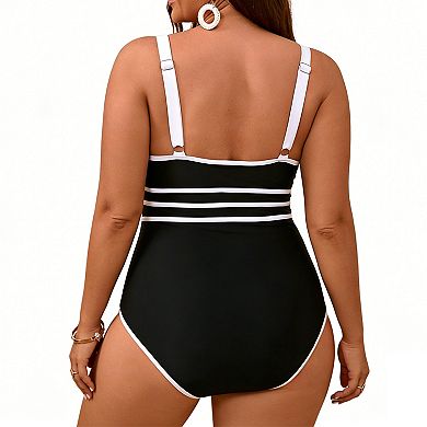 Women's Plus Size One Piece Swimsuit Contrast Striped Trim Adjustable Straps Bathing Suit