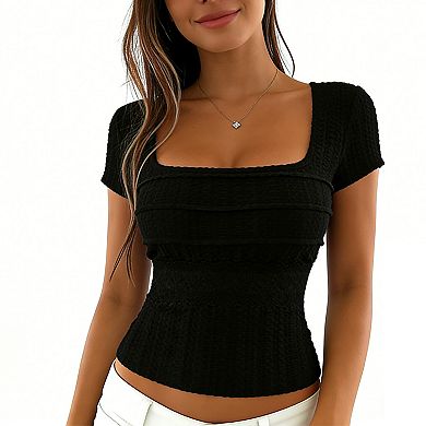 Women's Square Neck Crop Top, Textured Knit Tie-Back Short Sleeve Summer Blouse