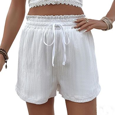 Women's Textured Drawstring Ruffle Waist Summer Shorts Casual Versatile Bottoms Loose Pants Pocket