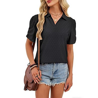 Women's Polo Neck Puff Ruched Short Sleeve Relaxed Fit Casual Top