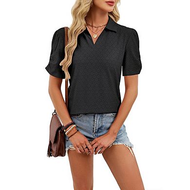 Women's Polo Neck Puff Ruched Short Sleeve Relaxed Fit Casual Top