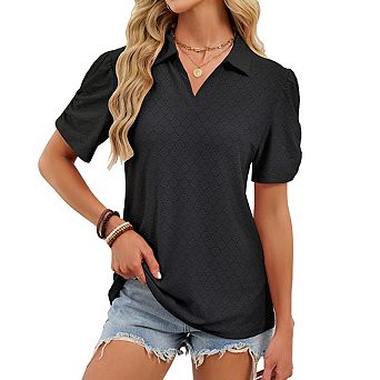 Women's Polo Neck Puff Ruched Short Sleeve Relaxed Fit Casual Top