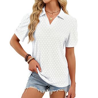 Women's Polo Neck Puff Ruched Short Sleeve Relaxed Fit Casual Top