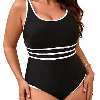 Women's Plus Size Swimsuit One-Piece Striped Contrast Monokini Bikini High Waist Bathing Suit
