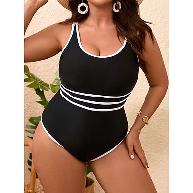 Women's Plus Size Swimsuit One-Piece Striped Contrast Monokini Bikini High Waist Bathing Suit