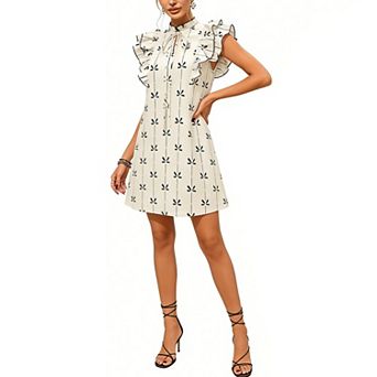 Women's Ruffle Trim Tie Neck Mini Dress, Sleeveless Printed A-Line Shift Dress