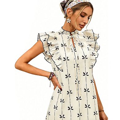 Women's Ruffle Trim Tie Neck Mini Dress, Sleeveless Printed A-Line Shift Dress