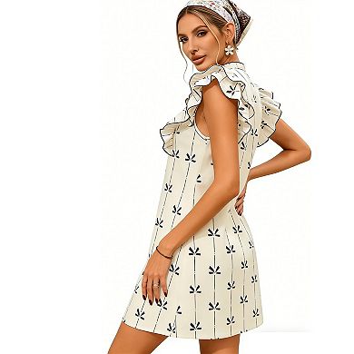 Women's Ruffle Trim Tie Neck Mini Dress, Sleeveless Printed A-Line Shift Dress
