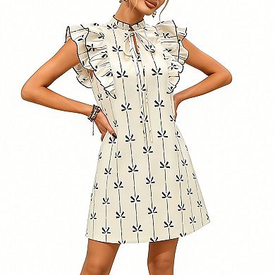 Women's Ruffle Trim Tie Neck Mini Dress, Sleeveless Printed A-Line Shift Dress