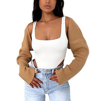 Women Ribbed Knit Shrug Cropped Open Front Long Sleeve Layering Cardigan