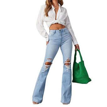 Women's Bell Bottom Jeans Flared Ripped Stretchy Mid Rise Cut Out Distressed Denim Bootcut Jeans