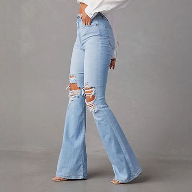 Women's Bell Bottom Jeans Flared Ripped Stretchy Mid Rise Cut Out Distressed Denim Bootcut Jeans