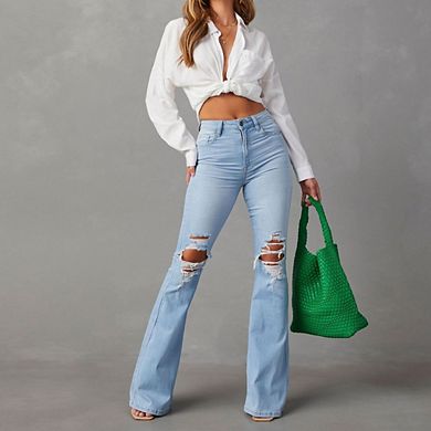 Women's Bell Bottom Jeans Flared Ripped Stretchy Mid Rise Cut Out Distressed Denim Bootcut Jeans