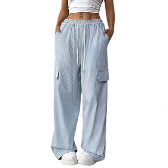 Women's Casual Cargo Pants Light Blue and White Stripe Elastic Waist Drawstring Wide Leg Trousers