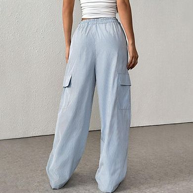 Women's Casual Cargo Pants Light Blue and White Stripe Elastic Waist Drawstring Wide Leg Trousers