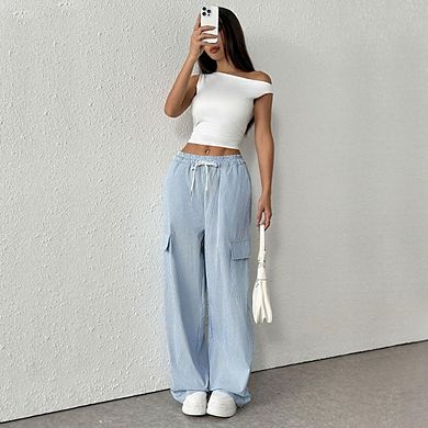 Women's Casual Cargo Pants Light Blue and White Stripe Elastic Waist Drawstring Wide Leg Trousers