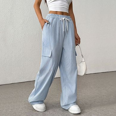 Women's Casual Cargo Pants Light Blue and White Stripe Elastic Waist Drawstring Wide Leg Trousers