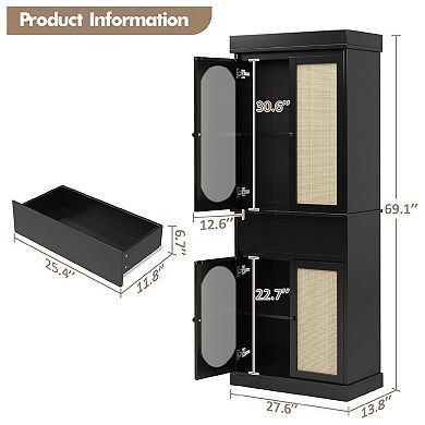 Rattan Kitchen Pantry Cabinet with Doors and Adjustable Shelves