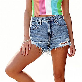 Womens Denim Shorts High Waist Distressed Frayed Hem Pockets Designed Casual Shorts
