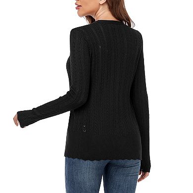 Women's Button Front Knit Cardigan Cable Knit Hollow Out Scalloped Hem Long Sleeve Casual Outerwear