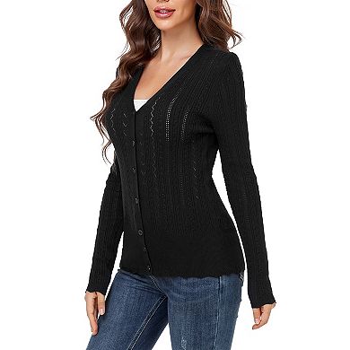 Women's Button Front Knit Cardigan Cable Knit Hollow Out Scalloped Hem Long Sleeve Casual Outerwear