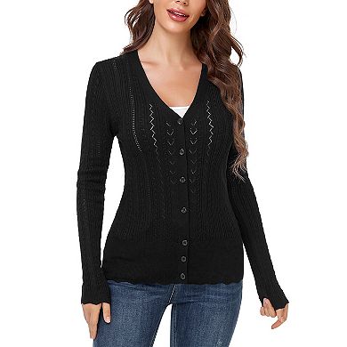 Women's Button Front Knit Cardigan Cable Knit Hollow Out Scalloped Hem Long Sleeve Casual Outerwear