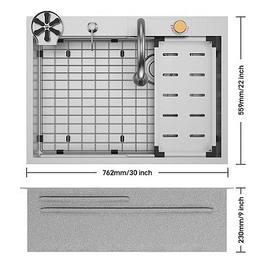 Kitchen Sinks and Faucet Combo 304 Stainless Steel Handmade Modern Kitchen Sink 30x22 x9in Silver