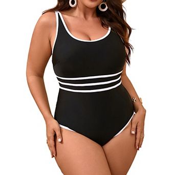 Women's Plus Size One-Piece Swimsuit, Black & White Stripe Tummy Control Bathing Suit