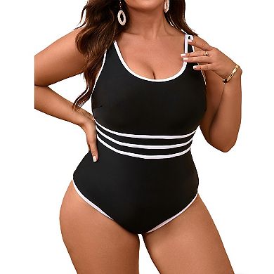 Women's Plus Size One-Piece Swimsuit, Black & White Stripe Tummy Control Bathing Suit