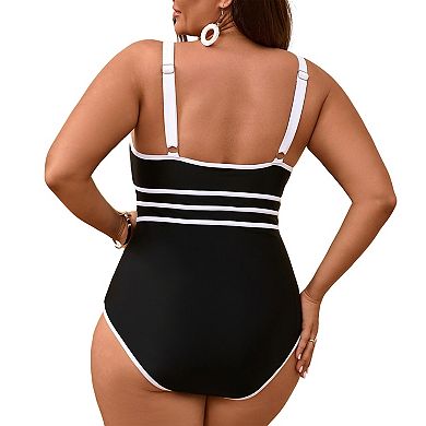 Women's Plus Size One-Piece Swimsuit, Black & White Stripe Tummy Control Bathing Suit