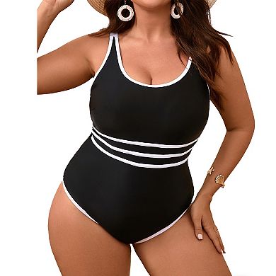 Women's Plus Size One-Piece Swimsuit, Black & White Stripe Tummy Control Bathing Suit