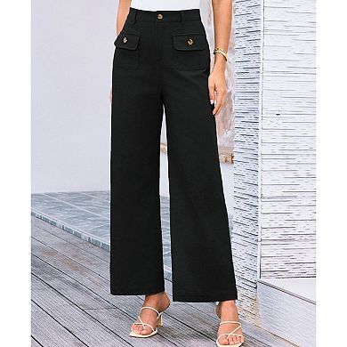 Womens Casual High Waist Straight Wide Leg Pants with Pockets