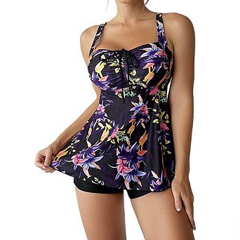 Women's Two Piece Swim Dress Floral Print Sweetheart Neck Casual Tankini