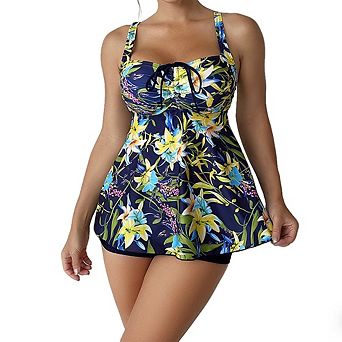 Women's Two Piece Swim Dress Floral Print Sweetheart Neck Casual Tankini