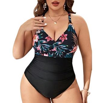 Women's Plus Size One-Piece Swimsuit, Tropical Print V-Neck Tummy Control Bathing Suit