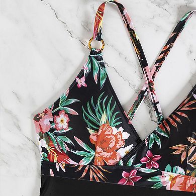 Women's Plus Size One-Piece Swimsuit, Tropical Print V-Neck Tummy Control Bathing Suit