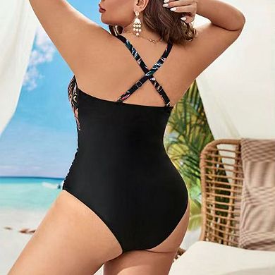 Women's Plus Size One-Piece Swimsuit, Tropical Print V-Neck Tummy Control Bathing Suit