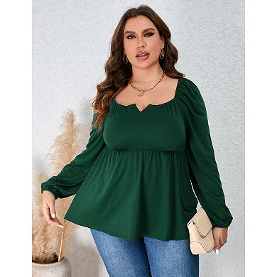 Womens Plus Size Peplum Tops Puff Long Sleeve Square Neck Blouse Ruffle Hem Pullover Babydoll Top