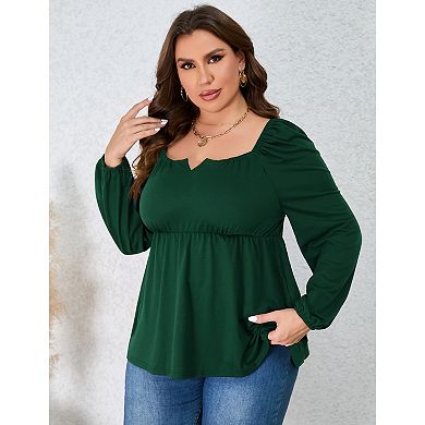 Womens Plus Size Peplum Tops Puff Long Sleeve Square Neck Blouse Ruffle Hem Pullover Babydoll Top