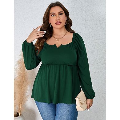 Womens Plus Size Peplum Tops Puff Long Sleeve Square Neck Blouse Ruffle Hem Pullover Babydoll Top