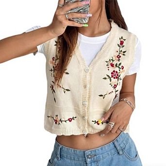 Womens Floral Embroidered Button Front Crop Knit Vest Sleeveless Summer Casual Top V-Neck Soft Shirt