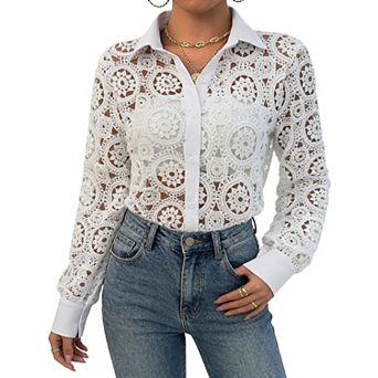 Women's Lace Button Down Shirt, Long Sleeve Sheer Crochet Blouse with Contrast Collar and Cuffs
