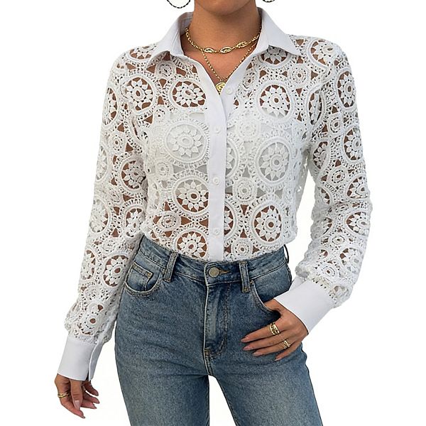 RHCロンハーマン Cut Work Lace Shirt blouse Women's Lace Button Down Shirt, Long Sleeve Sheer Crochet Blouse